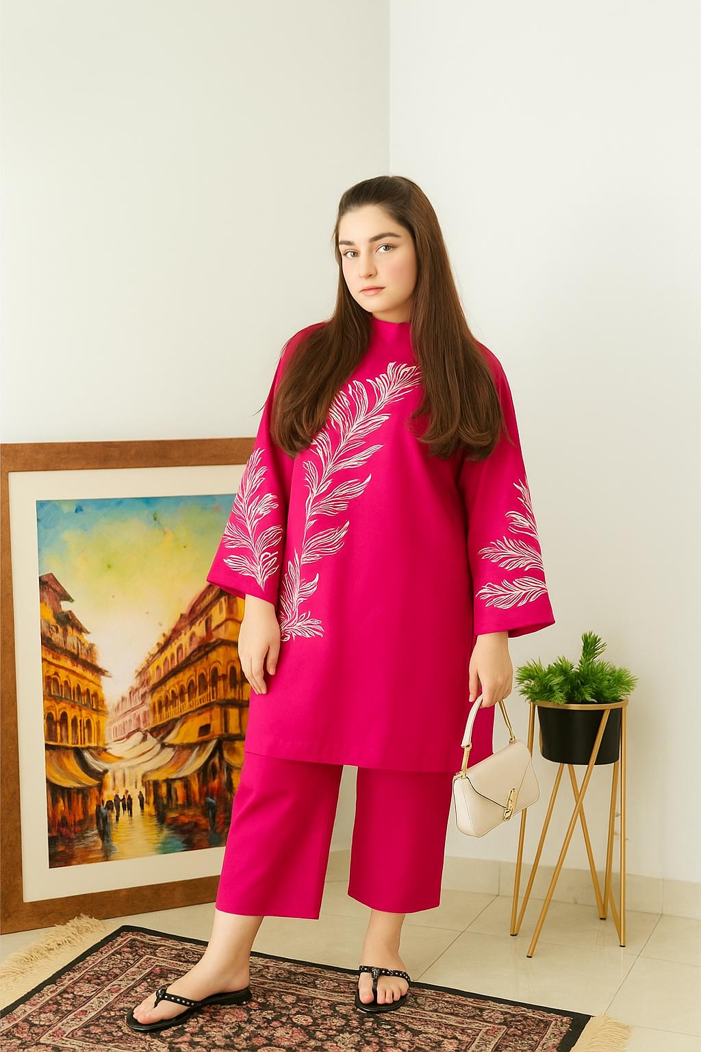 2 Pcs Women's Stitched Embroidered Shirt And Trouser