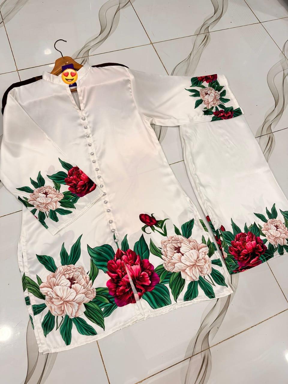 2-Piece Digital Floral Printed Silk Co-Ord Set – White Blossom