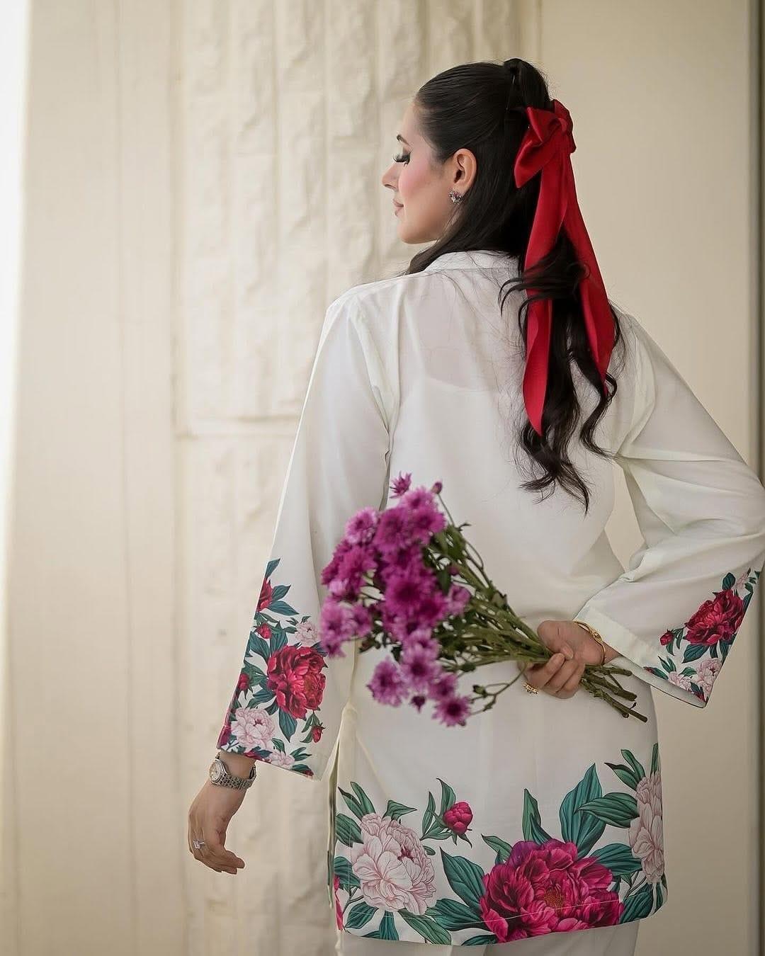 2-Piece Digital Floral Printed Silk Co-Ord Set – White Blossom