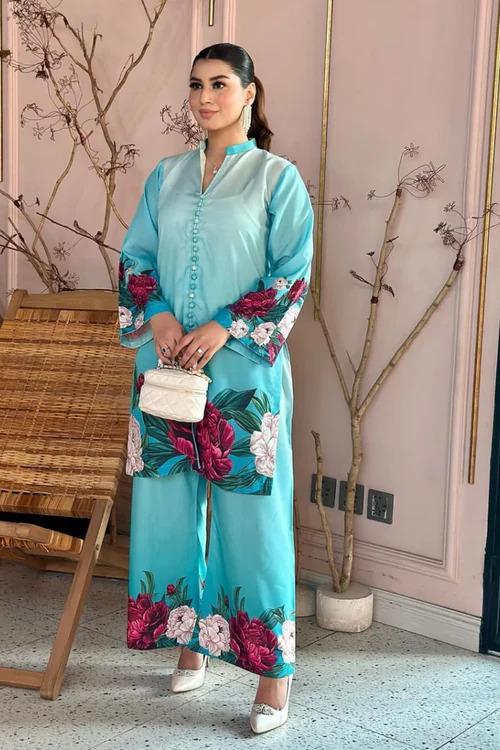 2-Piece Digital Floral Printed Silk Co-Ord Set – White Blossom