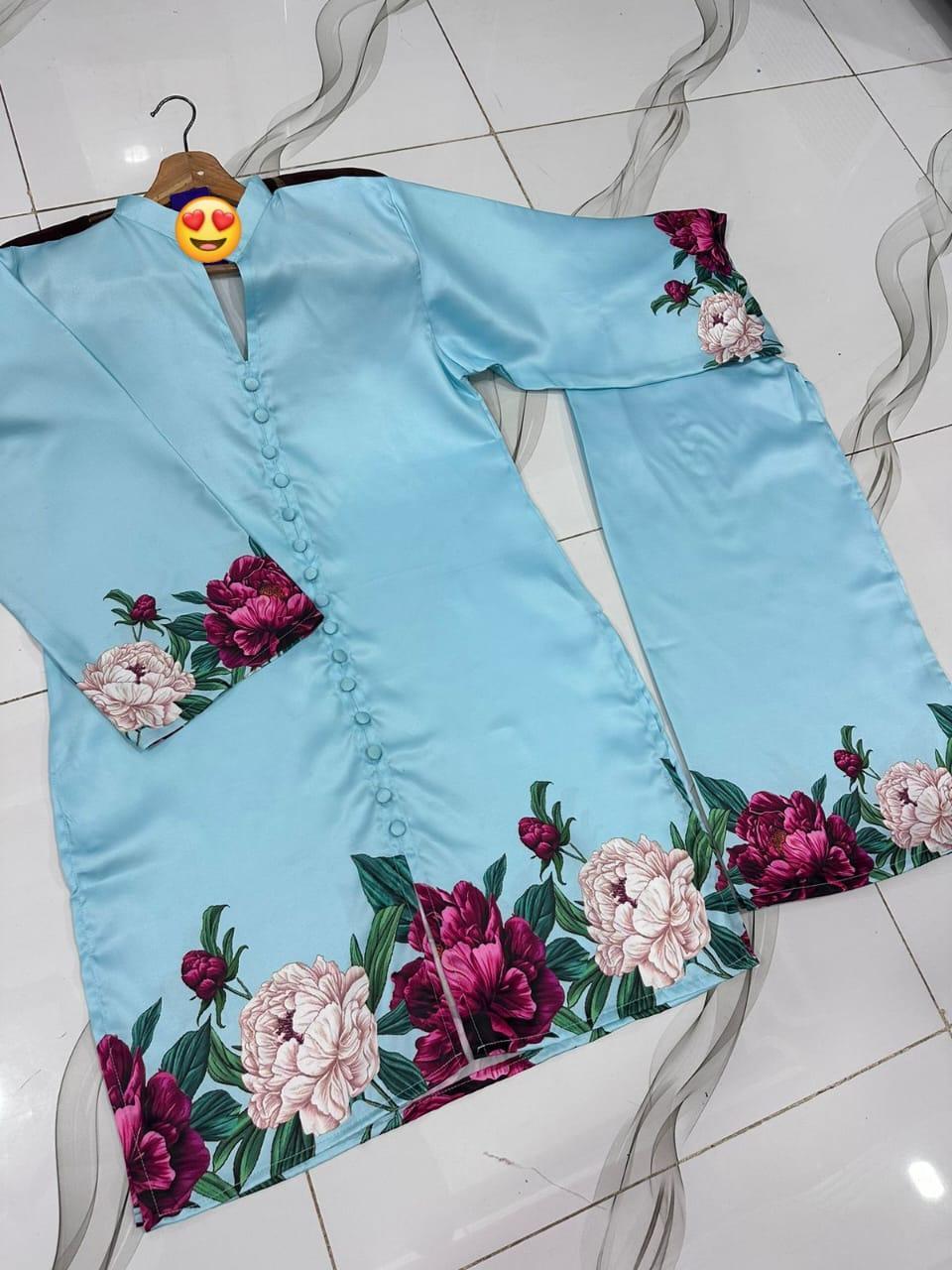 2-Piece Digital Floral Printed Silk Co-Ord Set – White Blossom