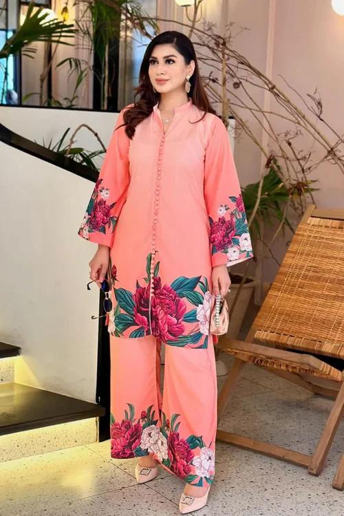 2-Piece Digital Floral Printed Silk Co-Ord Set – White Blossom