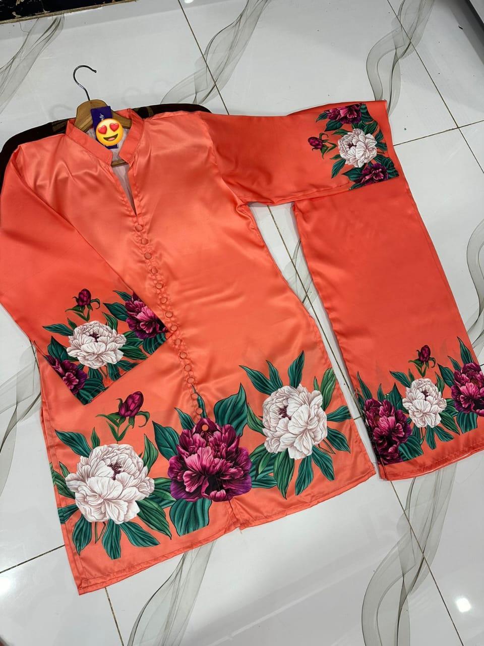 2-Piece Digital Floral Printed Silk Co-Ord Set – White Blossom